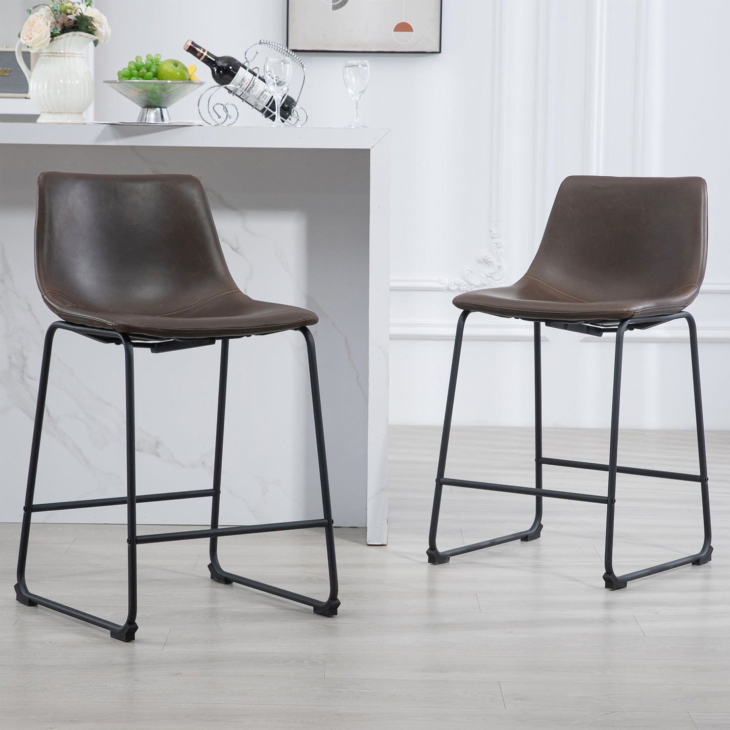 Adan Iron Frame Dark Brown PU Leather Counter Stool (Set of 2)