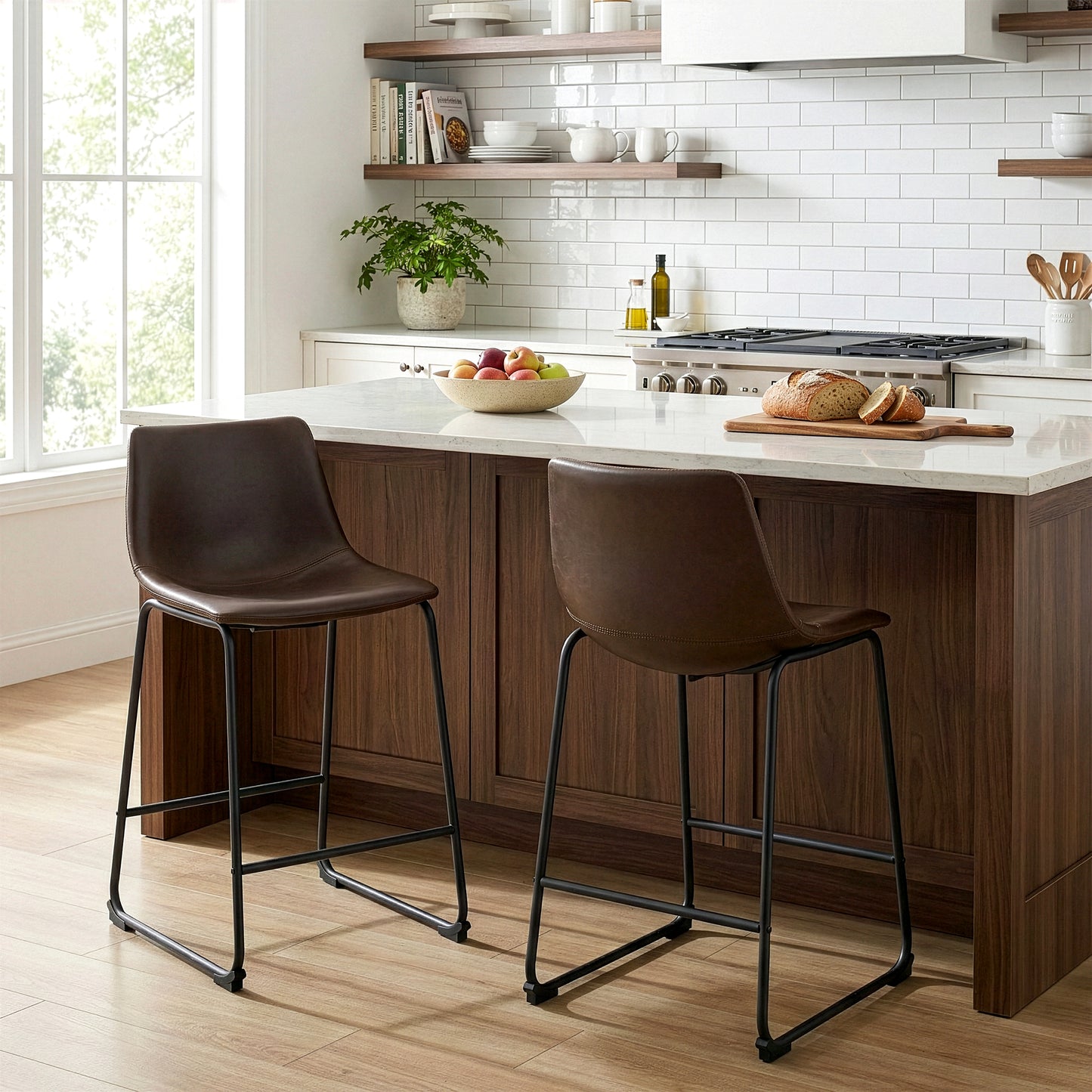 Adan Iron Frame Dark Brown PU Leather Counter Stool (Set of 2)