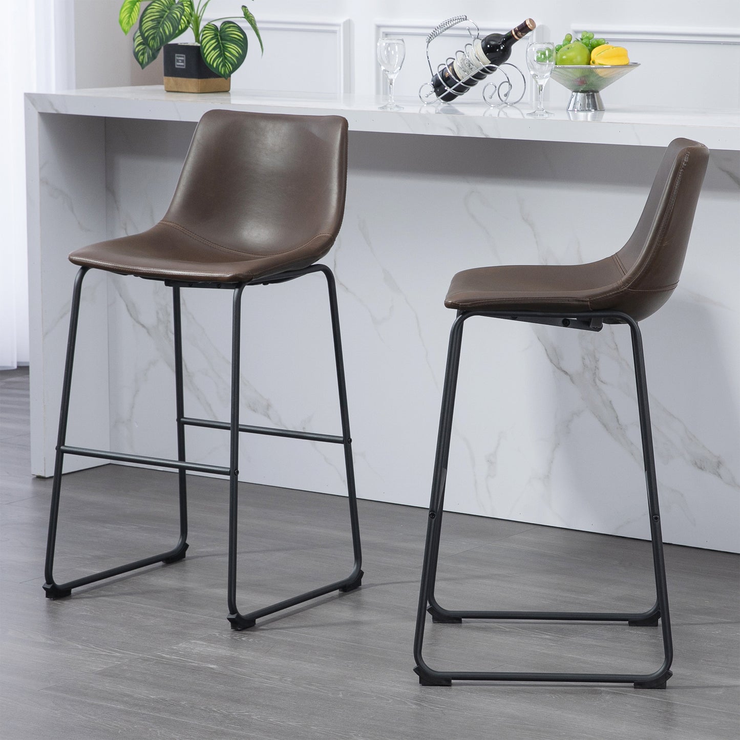 Adan Iron Frame Dark Brown PU Leather Bar Stool (Set of 2)
