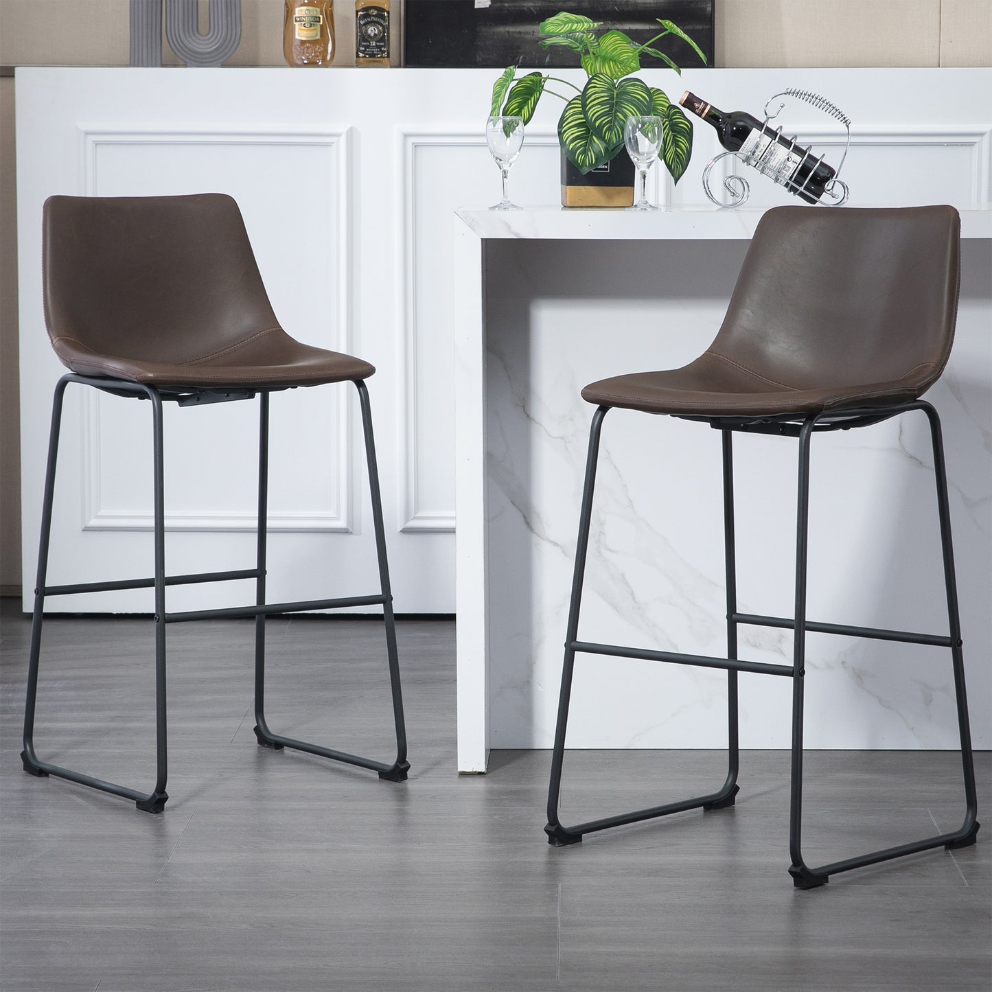 Adan Iron Frame Dark Brown PU Leather Bar Stool (Set of 2)