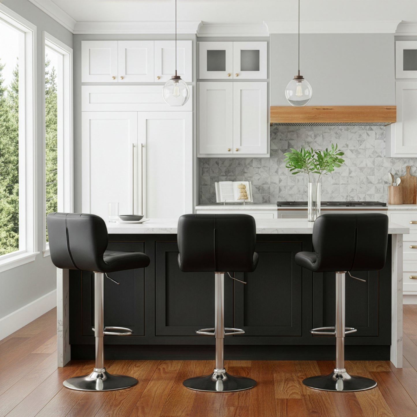 Adler Black PU Leather Adjustable Height Swivel Dimpled Back Bar Stool (Set of 2)