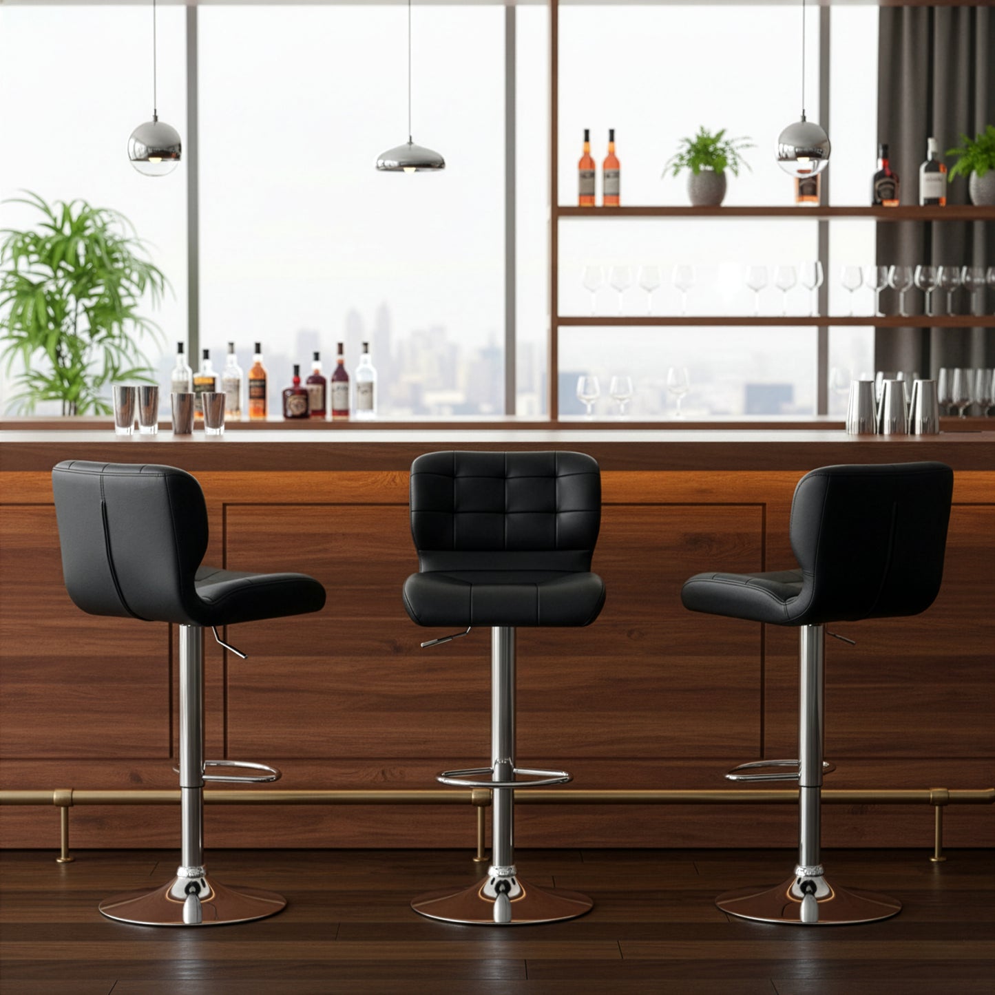 Adler Black PU Leather Adjustable Height Swivel Dimpled Back Bar Stool (Set of 2)