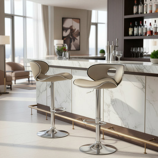 Adria Ash Color Light Taupe PU Leather Chrome Frame Adjustable Height Swivel Bar Stool (Set of 2)