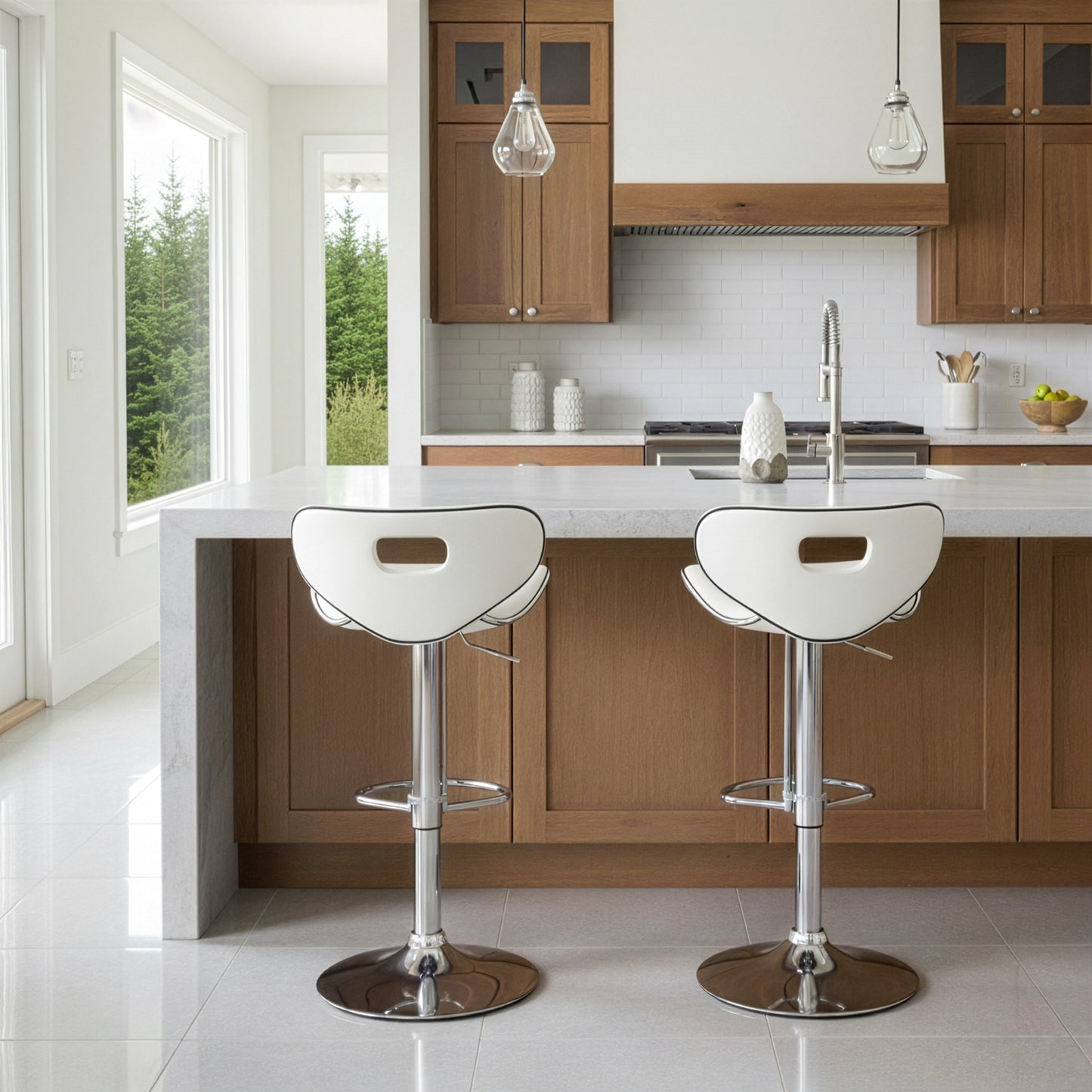 Adria White PU Leather Chrome Frame Adjustable Height Swivel Bar Stool (Set of 2)