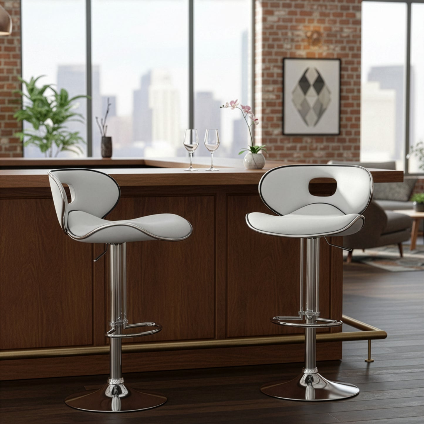 Adria White PU Leather Chrome Frame Adjustable Height Swivel Bar Stool (Set of 2)