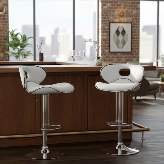 Adria White PU Leather Chrome Frame Adjustable Height Swivel Bar Stool (Set of 2)