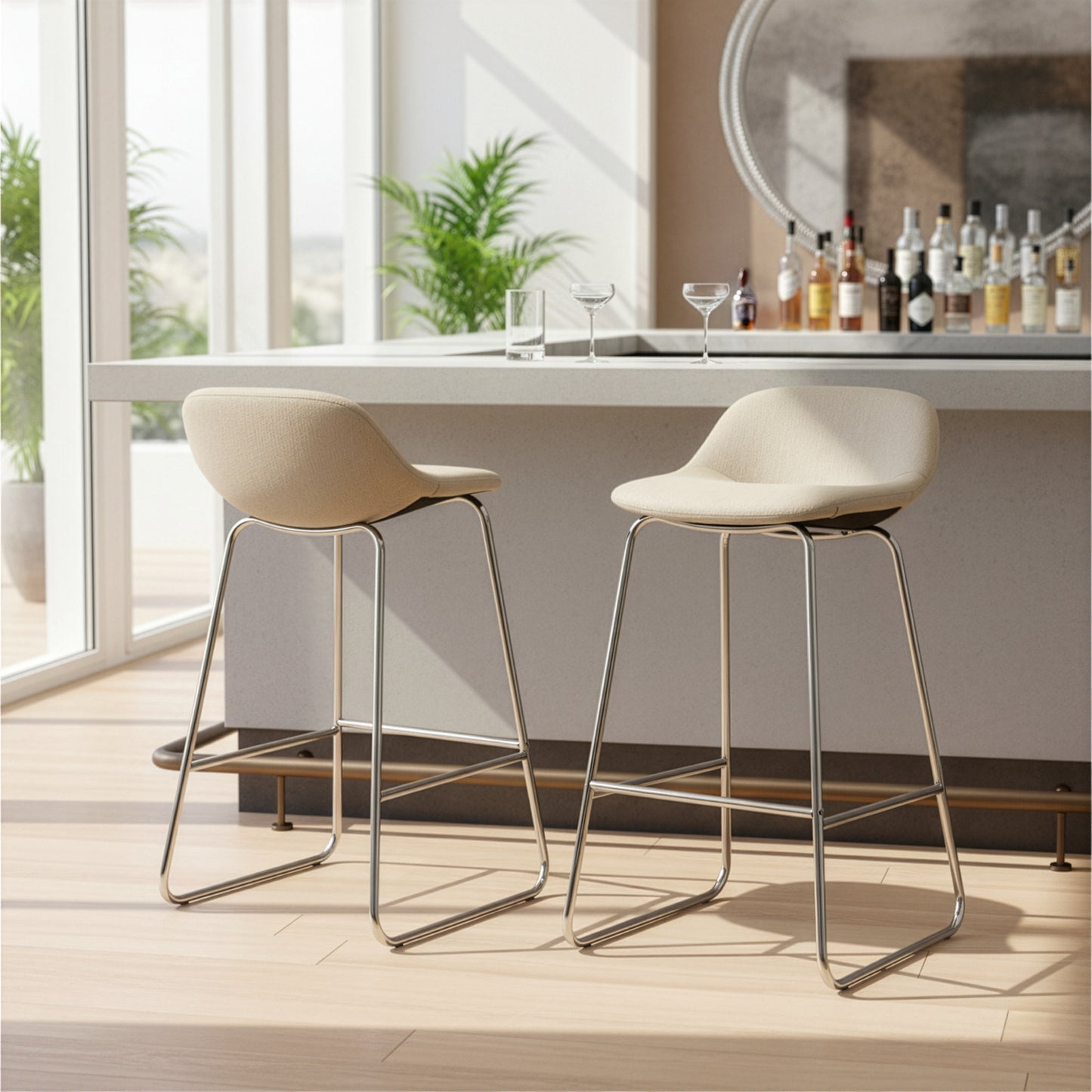 Set of 2 Agalia Modern Cream Fabric Chrome Frame Low Back Bar Stool