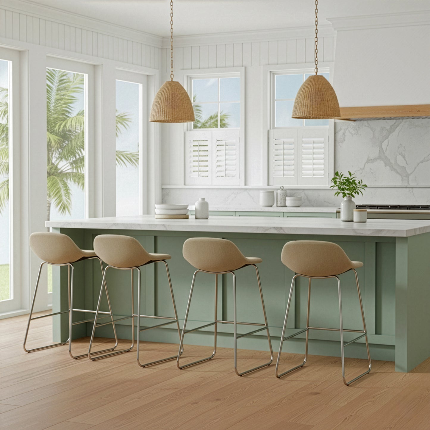 Set of 2 Agalia Modern Cream Fabric Chrome Frame Low Back Bar Stool