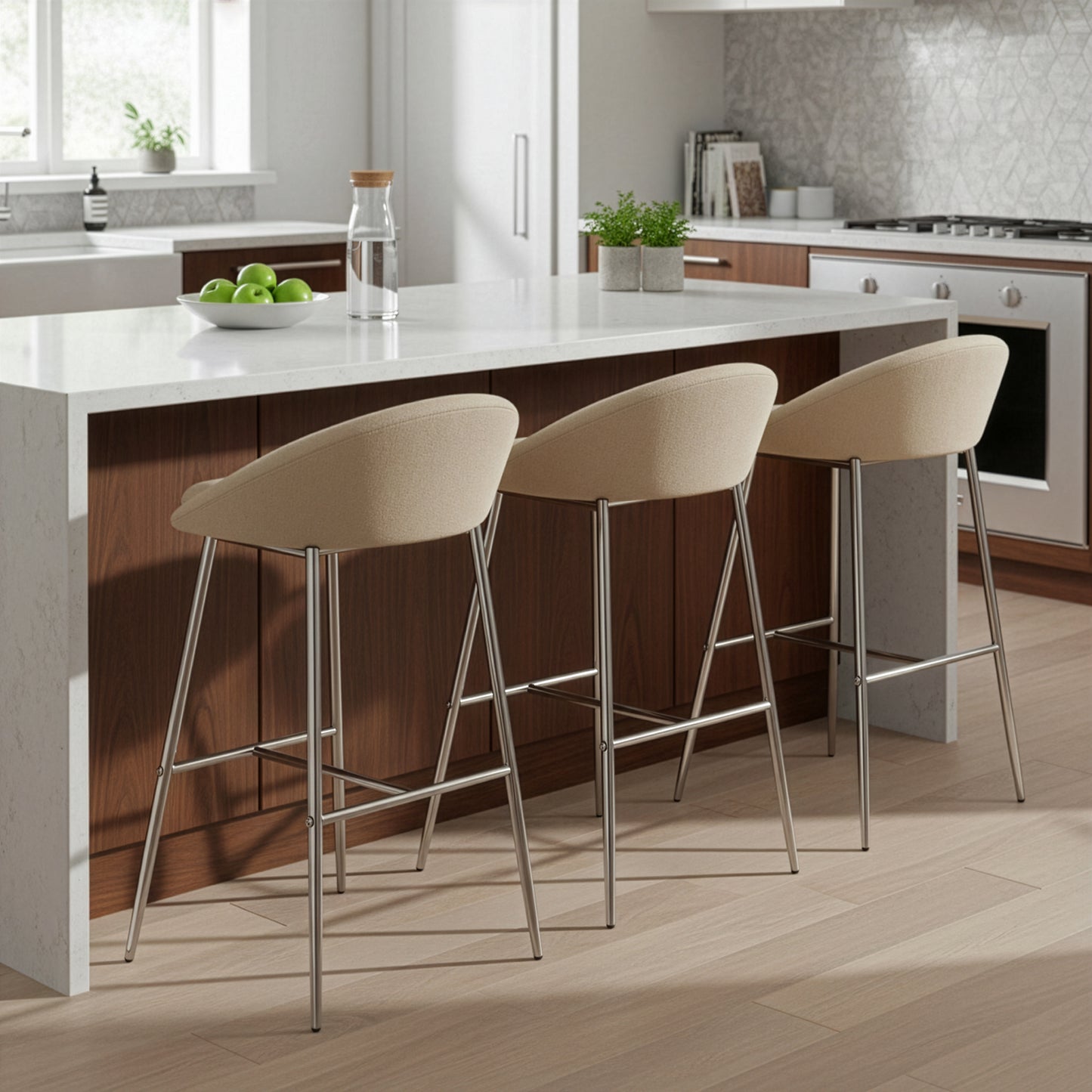 Set of 2 Agatha Modern Cream Fabric Bar Stool with Chrome Frame