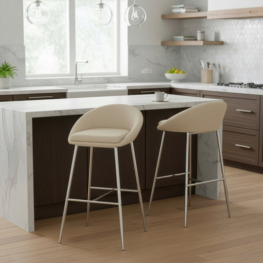 Set of 2 Agatha Modern Cream Fabric Bar Stool with Chrome Frame