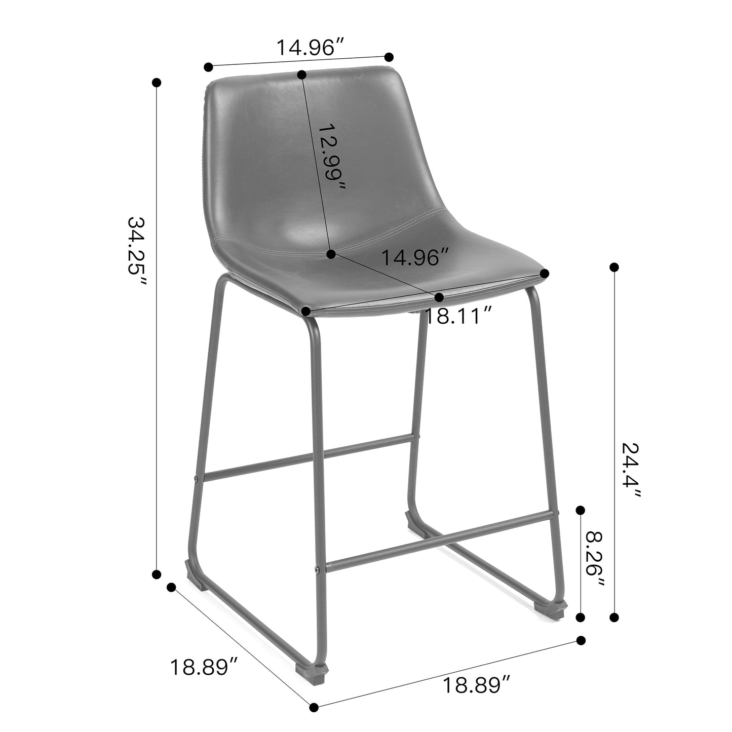 Set of 2 Adan Iron Frame Vintage Gray Faux Leather Counter Stool