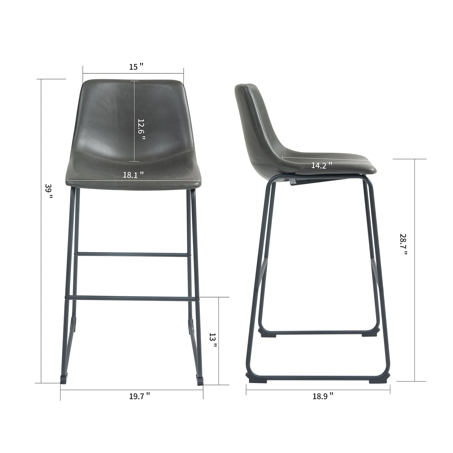 Set of 2 Adan Iron Frame Vintage Grey Faux Leather Bar Stool