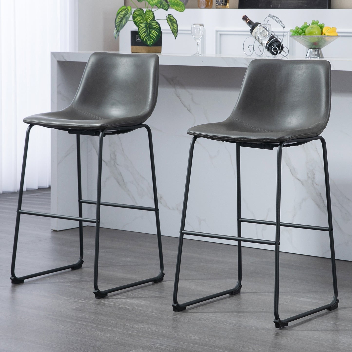 Set of 2 Adan Iron Frame Vintage Grey Faux Leather Bar Stool