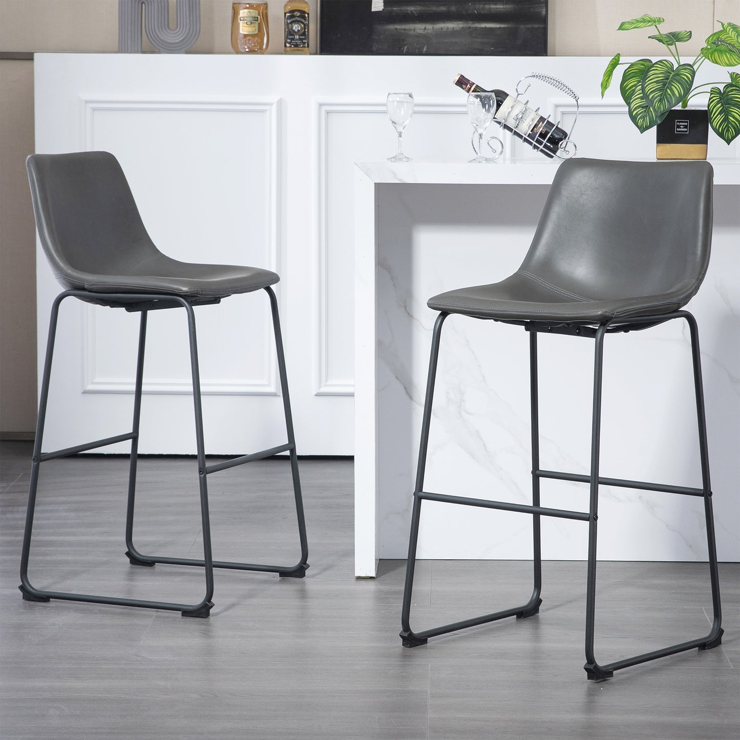 Set of 2 Adan Iron Frame Vintage Grey Faux Leather Bar Stool