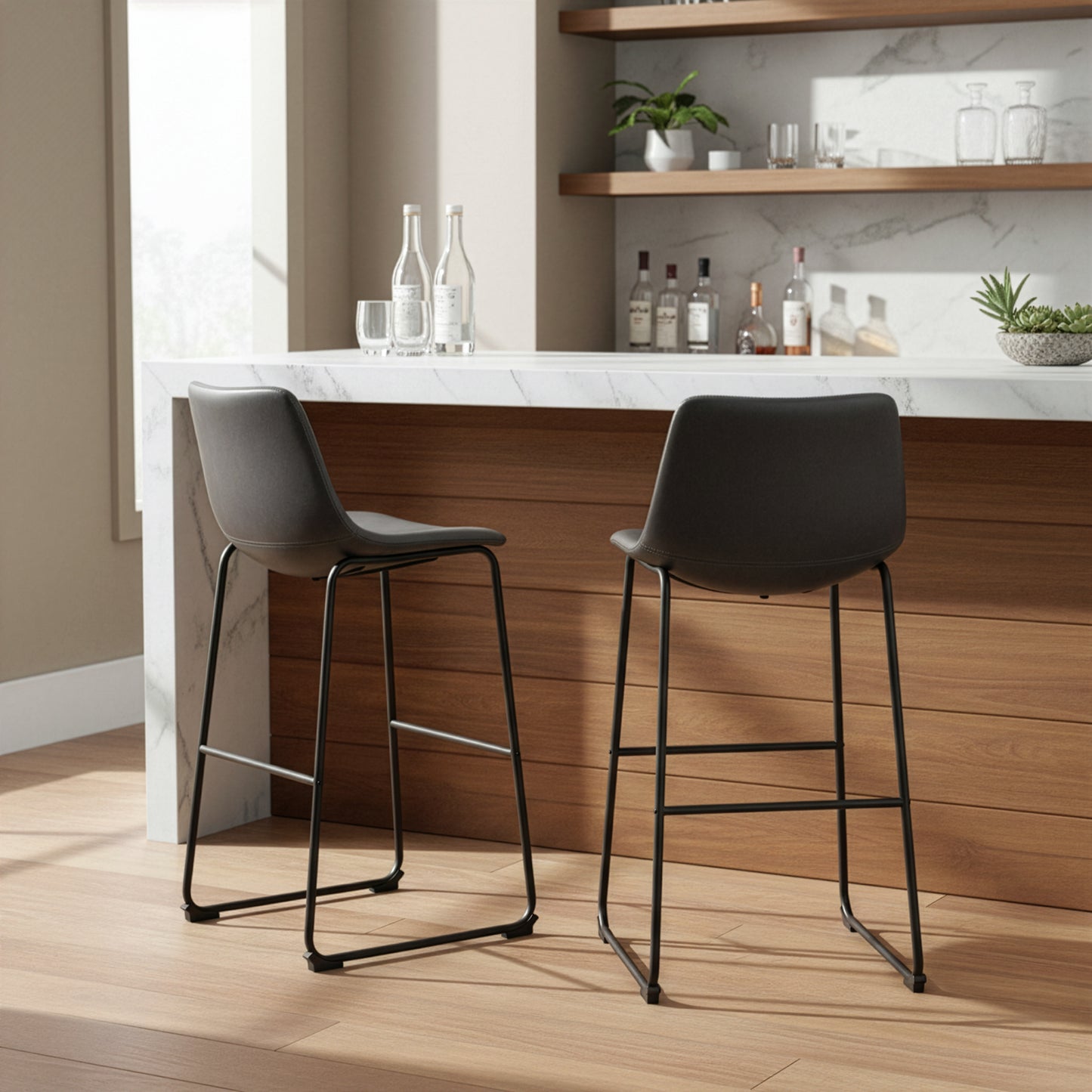 Set of 2 Adan Iron Frame Vintage Grey Faux Leather Bar Stool