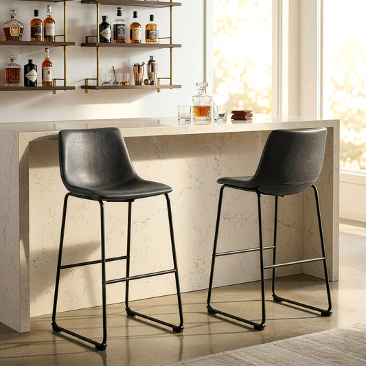 Set of 2 Adan Iron Frame Vintage Grey Faux Leather Bar Stool