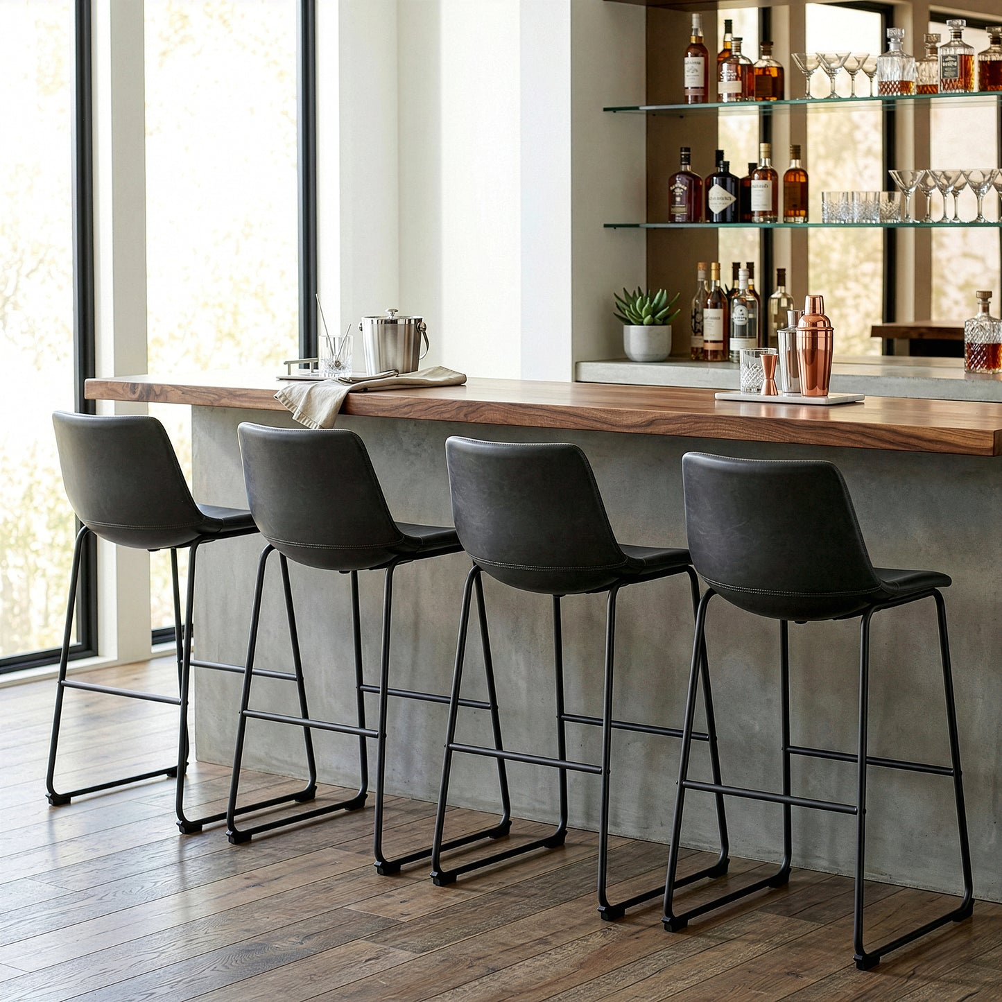 Set of 2 Adan Iron Frame Vintage Grey Faux Leather Bar Stool