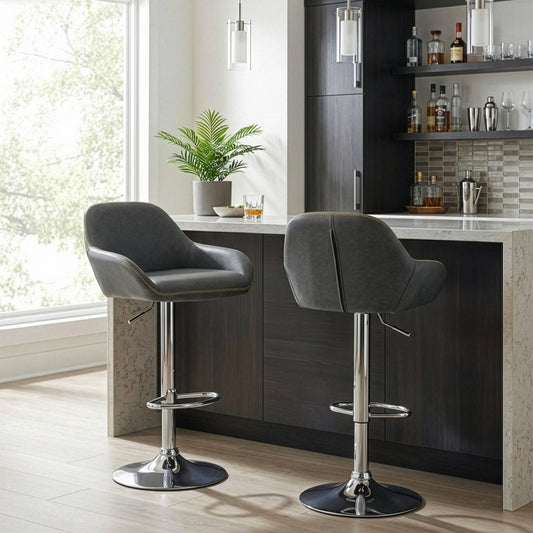Set of 2 Alan Adjustable Height Swivel Barstool in Vintage Grey Color Faux Leather with Contrasting Stitching