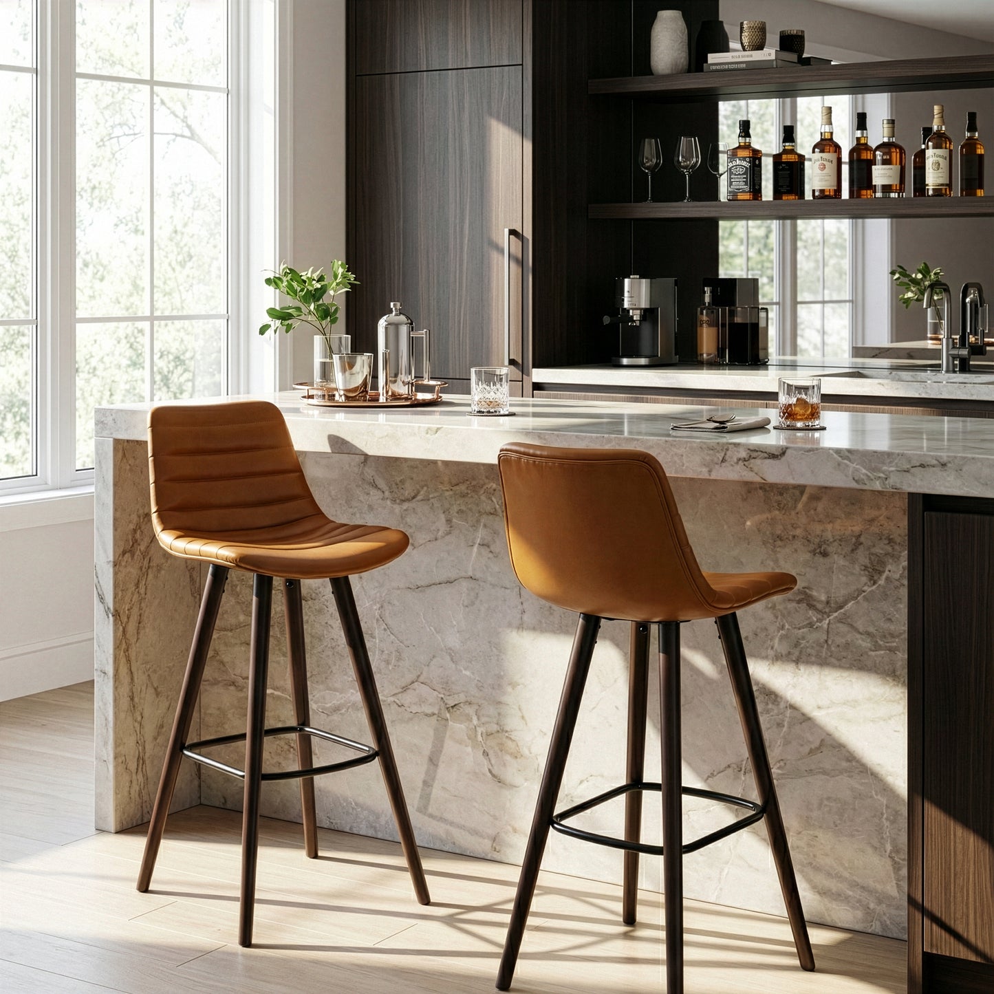 Set of 2 Alden Caramel Brown Bar Stool with Beech Legs