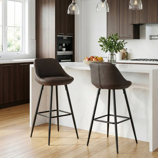 Set of 2 Aldis Brown Faux Leather Barstool with Black Metal Legs and Decorative Zipper