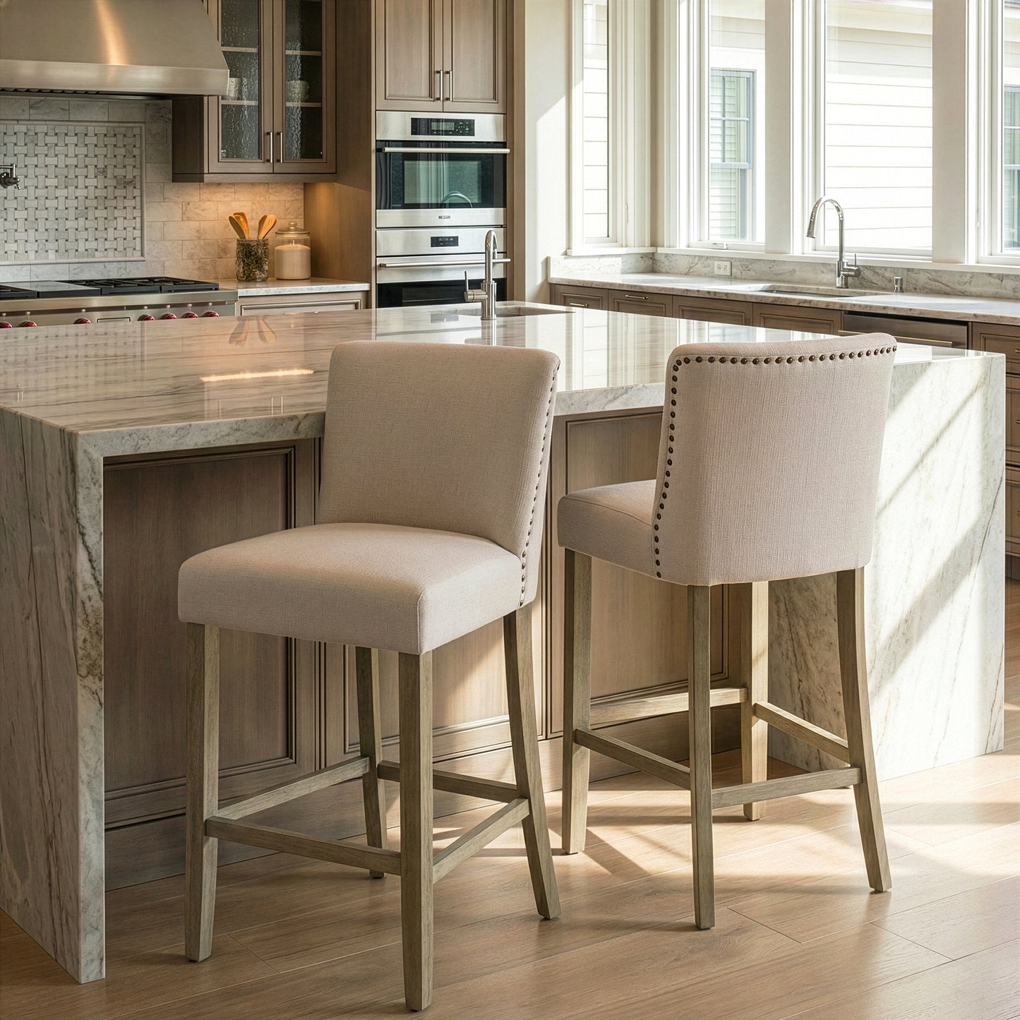 Set of 2 Aleco Beige Fabric Bar Stool with Metal Nail Head Accents