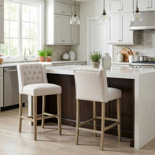 Set of 2 Aled Beige Fabric Bar Stool with Side Wings and Tufted Buttons