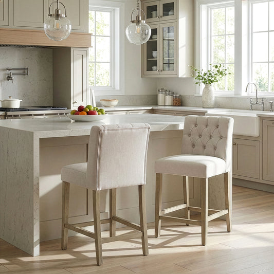 Set of 2 Aled Beige Fabric Counter Stool with Side Wings and Tufted Buttons