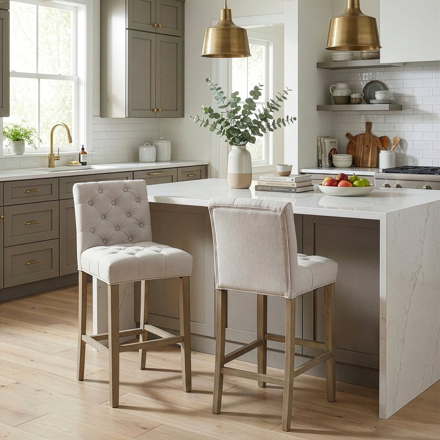 Set of 2 Alee Beige Fabric Bar Stool with Tufted Buttons and Wood Legs