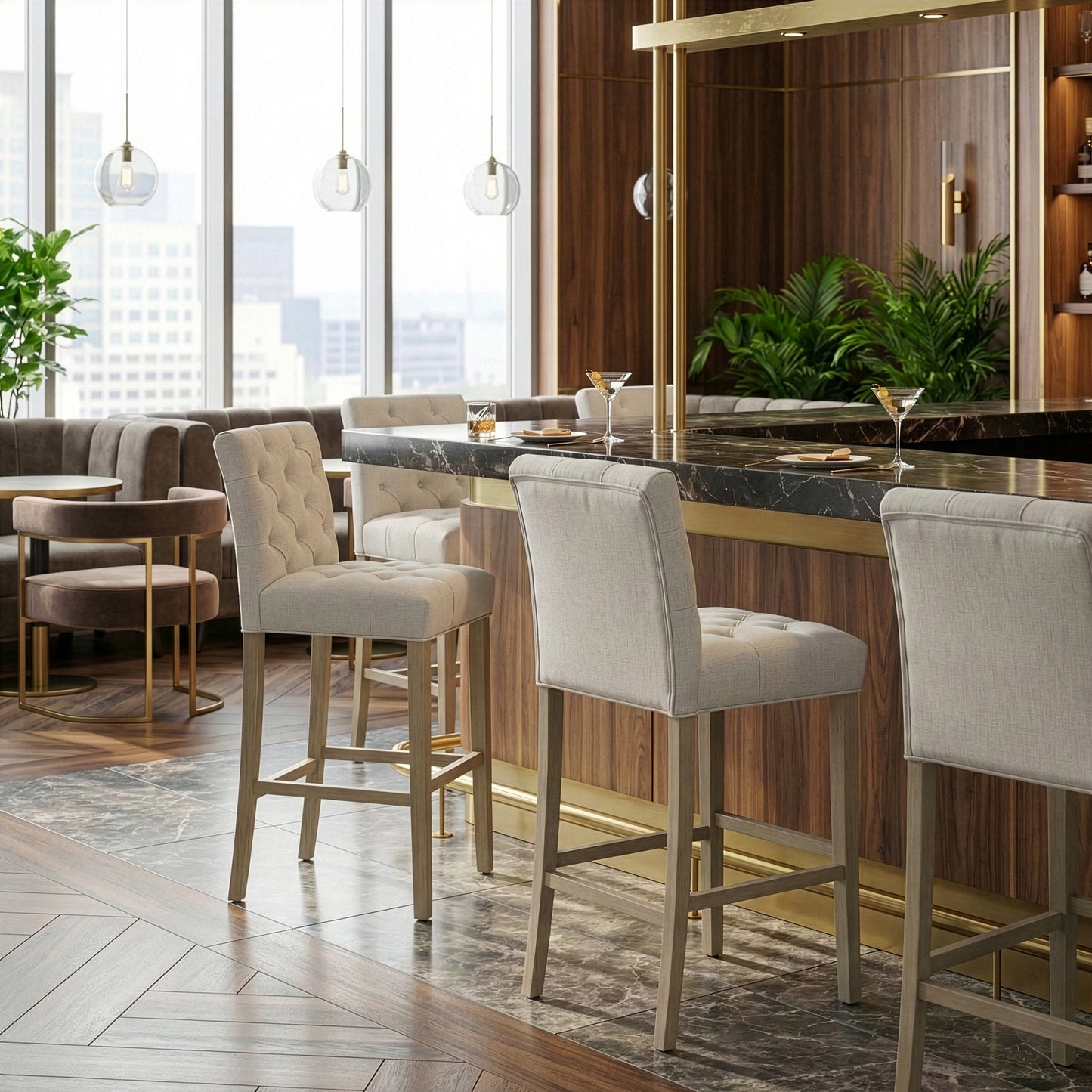 Set of 2 Alee Beige Fabric Bar Stool with Tufted Buttons and Wood Legs