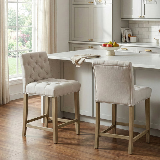 Set of 2 Alee Beige Fabric Counter Stool with Tufted Buttons and Wood Legs
