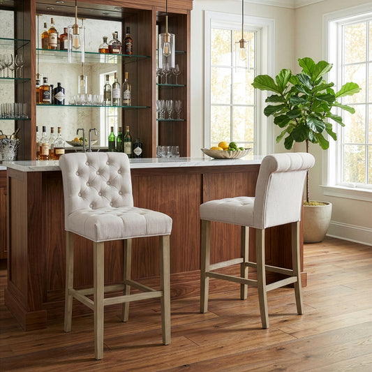 Set of 2 Aleen Beige Fabric Bar Stool with Roll Back Design and Tufted Buttons
