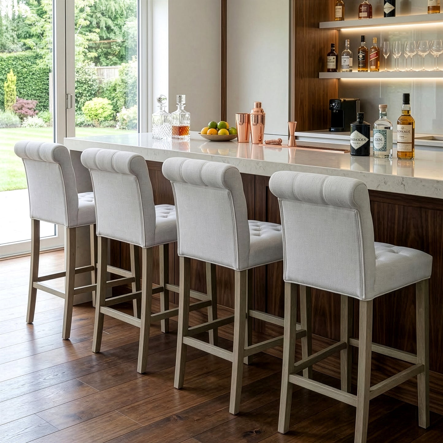Set of 2 Aleen Beige Fabric Bar Stool with Roll Back Design and Tufted Buttons