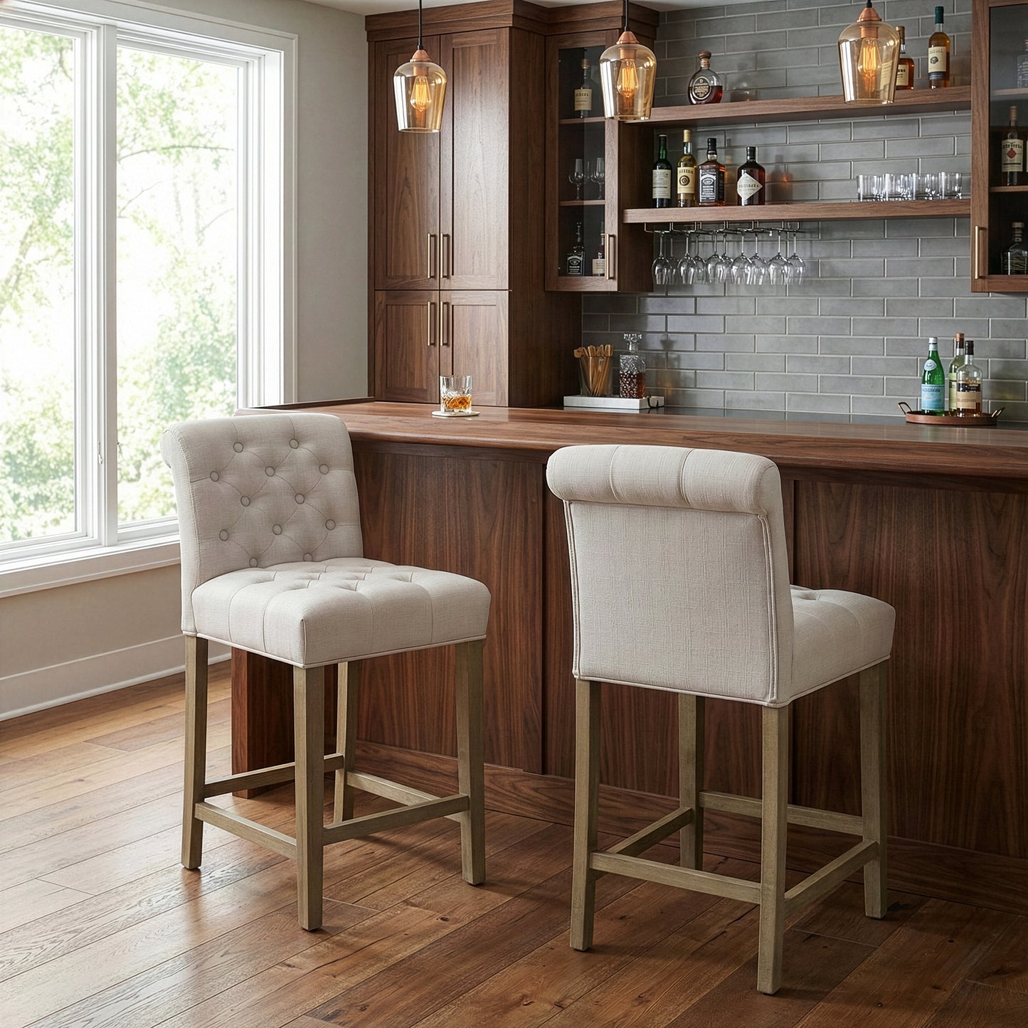 Set of 2 Aleen Beige Fabric Counter Stool with Roll Back Design and Tufted Buttons