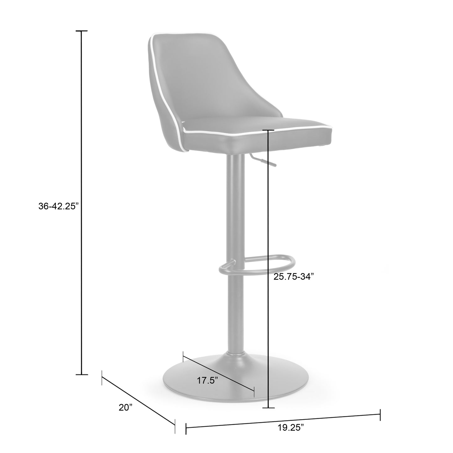 Set of 2 Alston Black Adjustable Height Swivel Bar Stool with White Piping