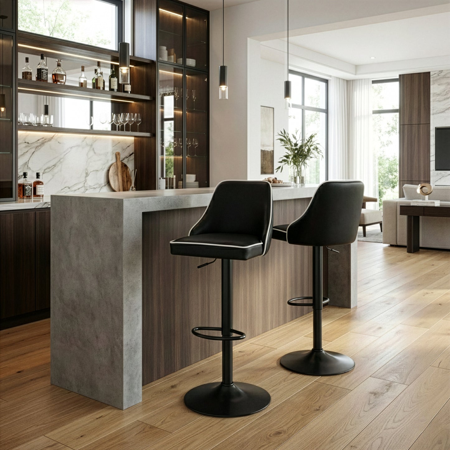 Set of 2 Alston Black Adjustable Height Swivel Bar Stool with White Piping