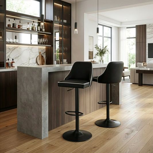 Set of 2 Alston Black Adjustable Height Swivel Bar Stool with White Piping