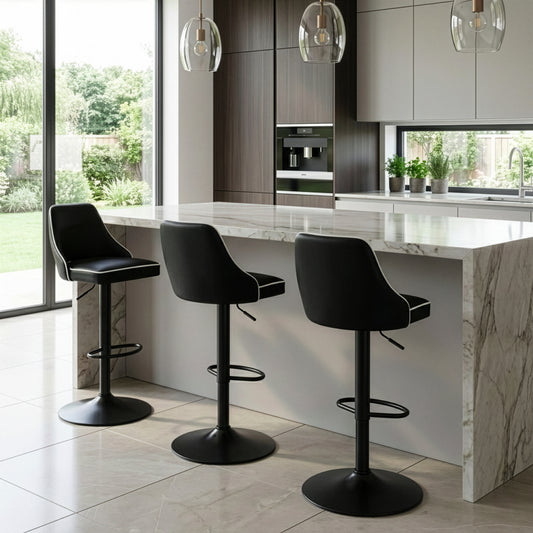 Set of 2 Alston Black Adjustable Height Swivel Bar Stool with White Piping