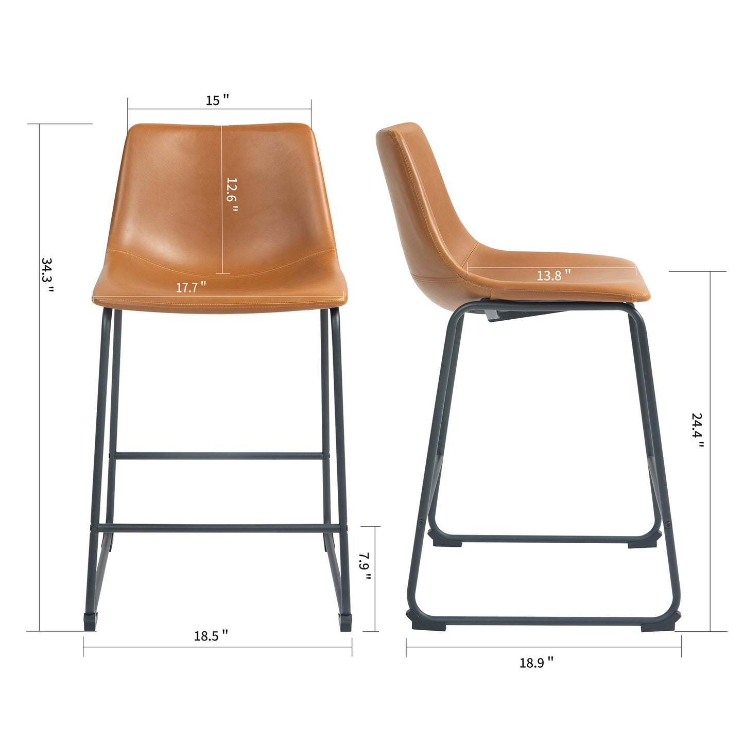 Set of 2 Adan Iron Frame Vintage Cappuccino Faux Leather Counter Stool