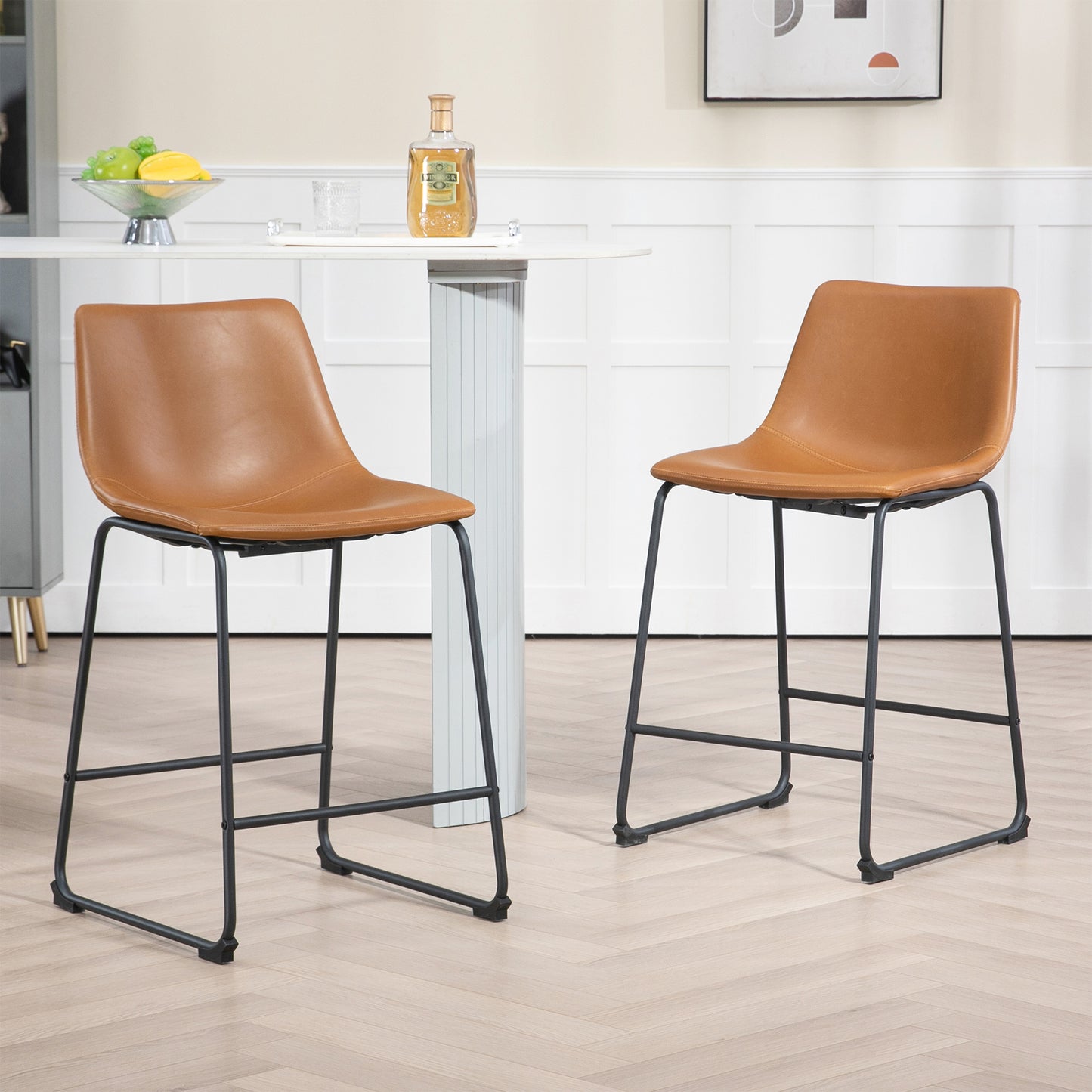 Set of 2 Adan Iron Frame Vintage Cappuccino Faux Leather Counter Stool