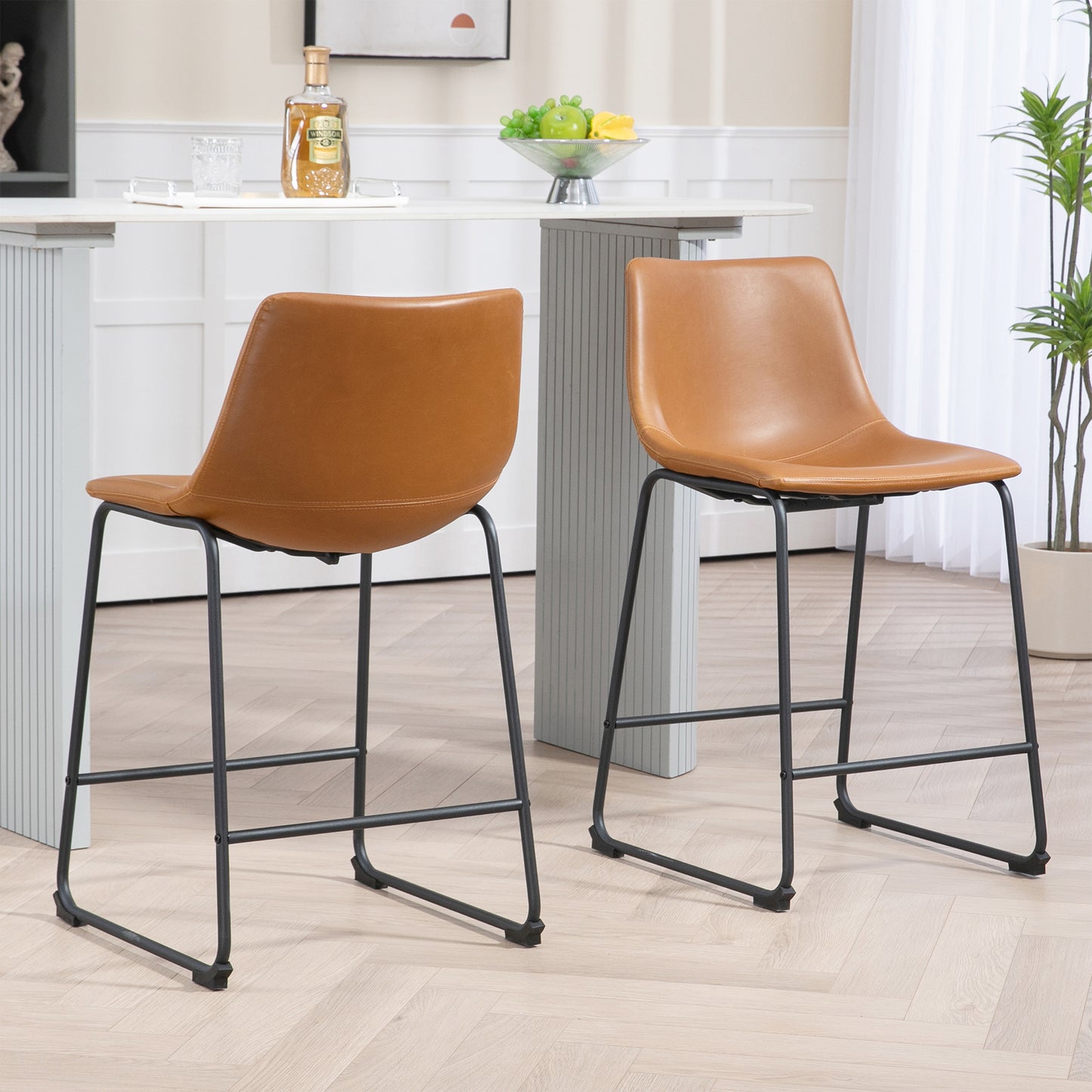 Set of 2 Adan Iron Frame Vintage Cappuccino Faux Leather Counter Stool