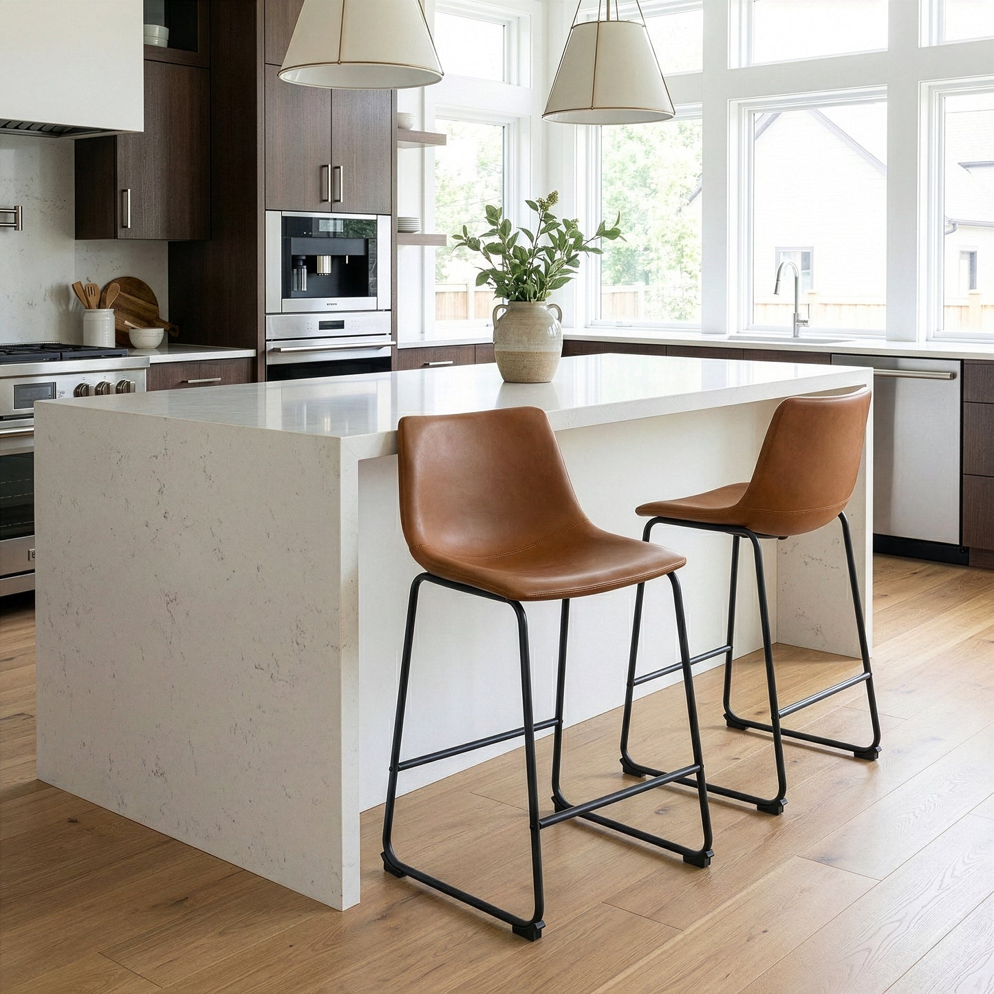 Set of 2 Adan Iron Frame Vintage Cappuccino Faux Leather Counter Stool