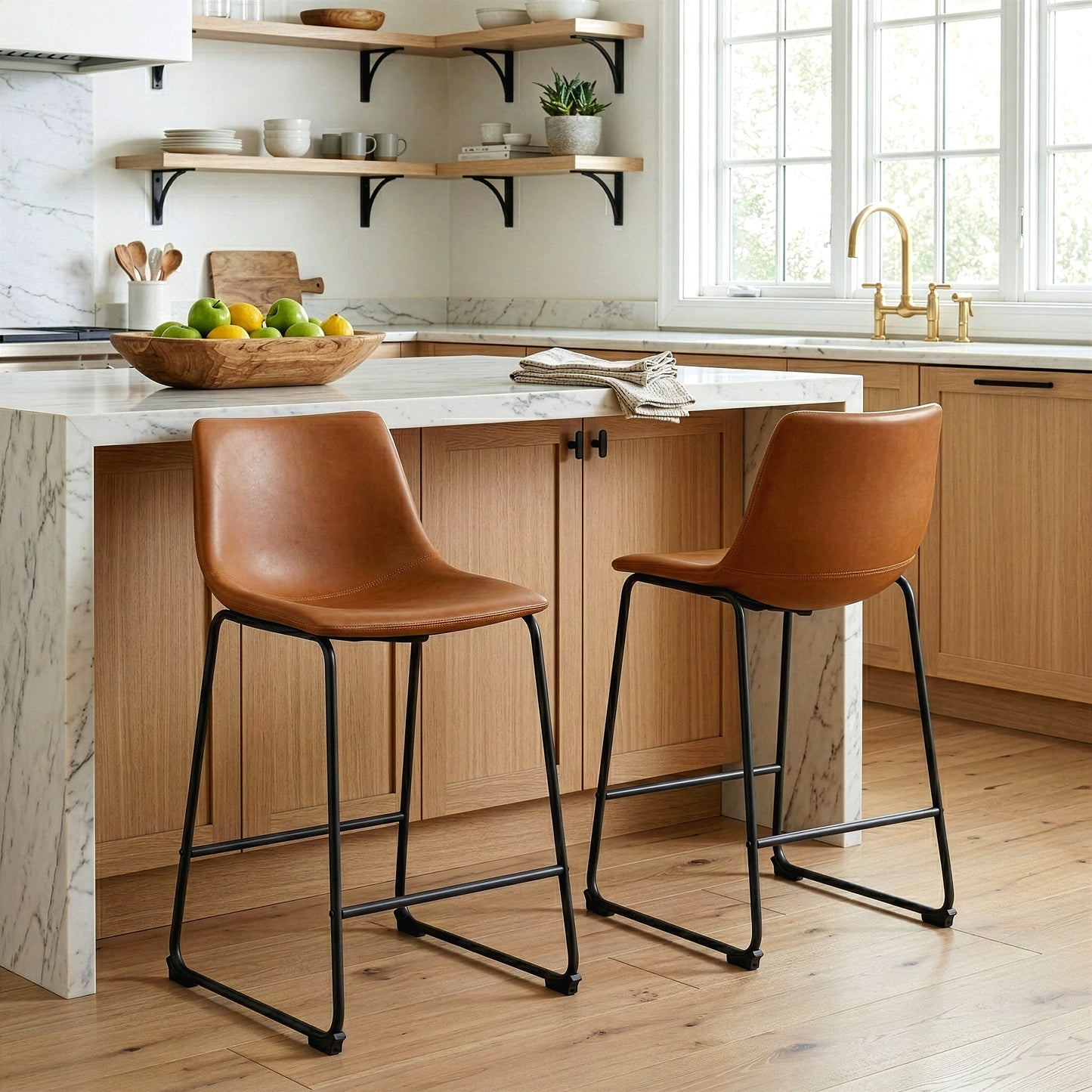 Set of 2 Adan Iron Frame Vintage Cappuccino Faux Leather Counter Stool