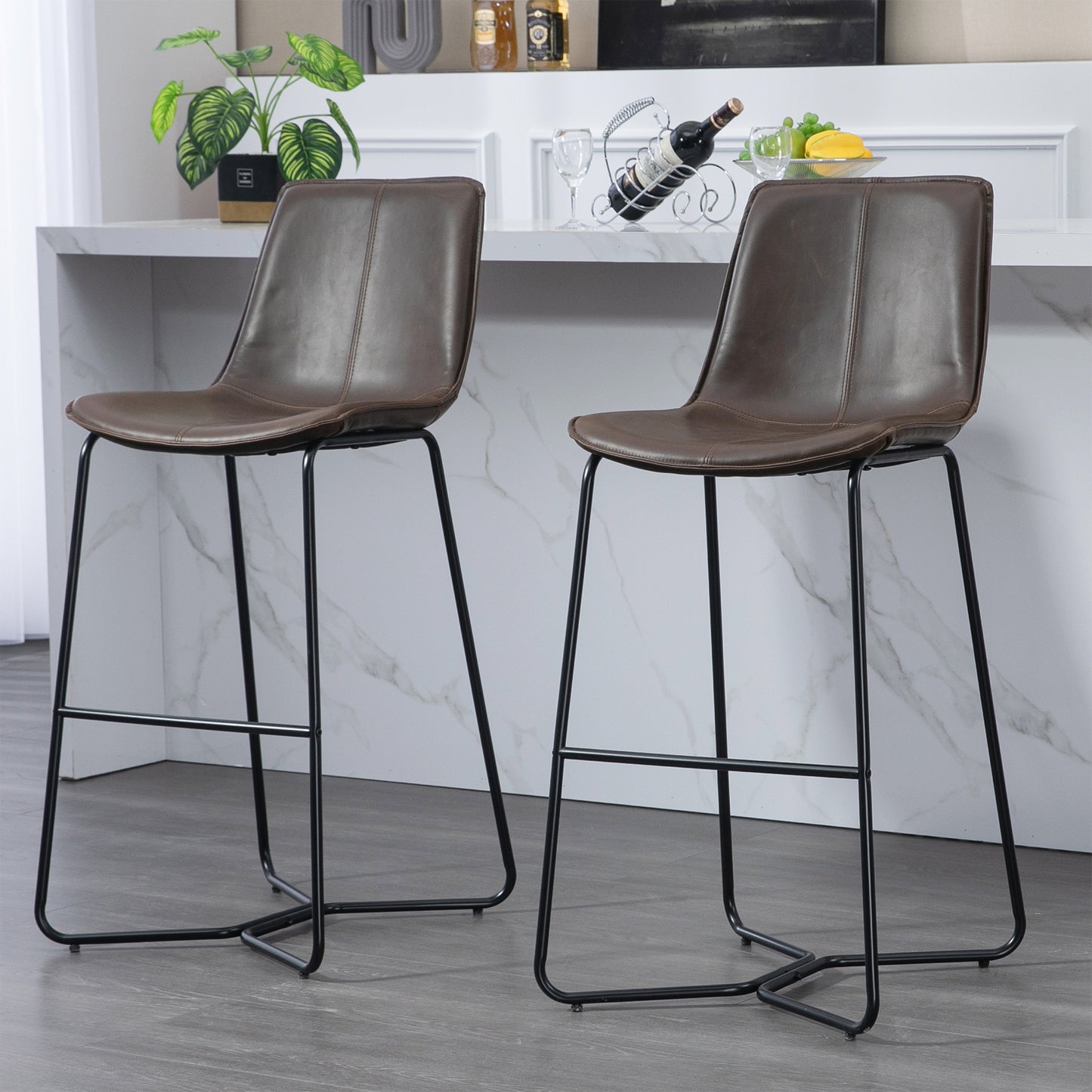 Set of 2 Amery Iron Frame Vintage Brown Faux Leather Bar Stool