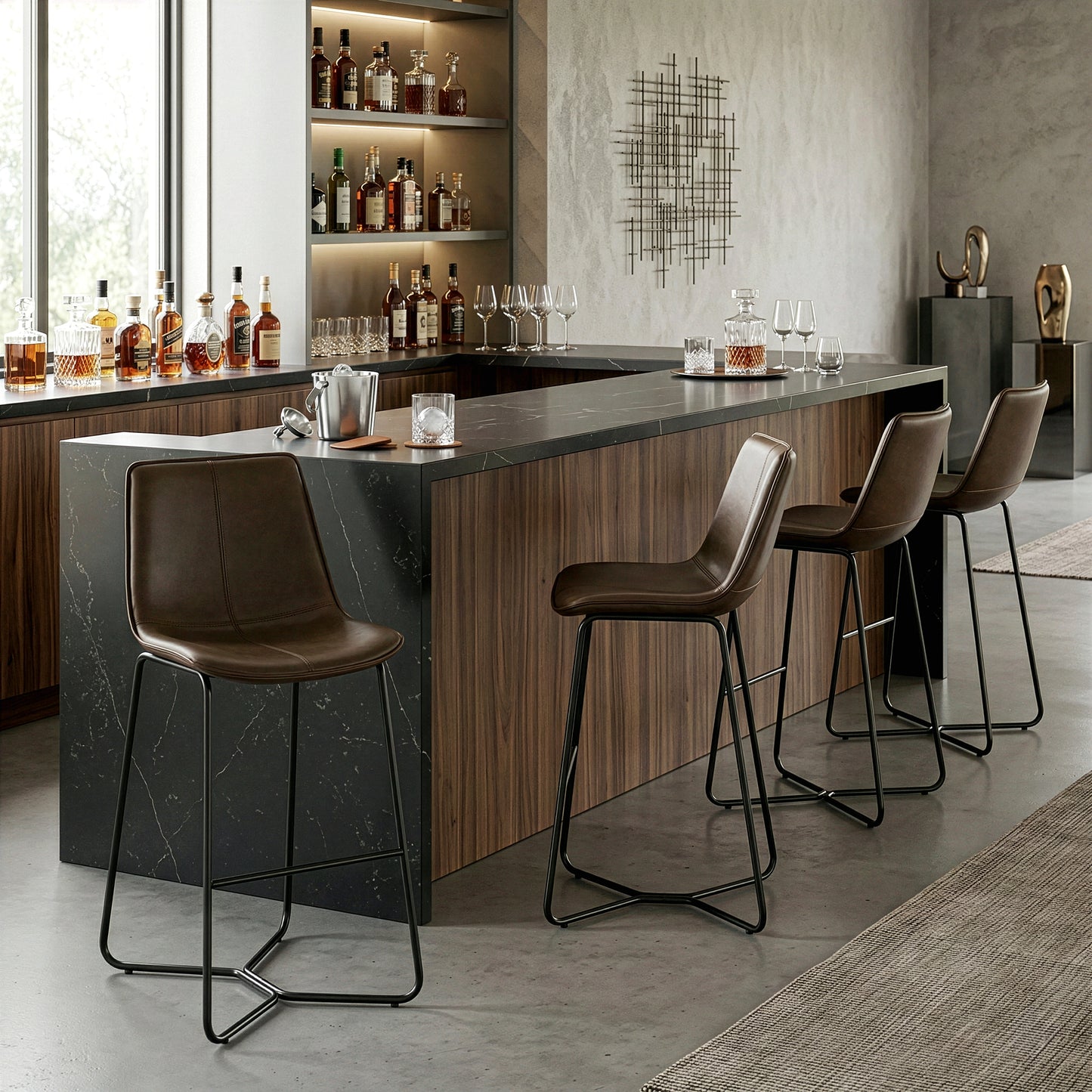 Set of 2 Amery Iron Frame Vintage Brown Faux Leather Bar Stool