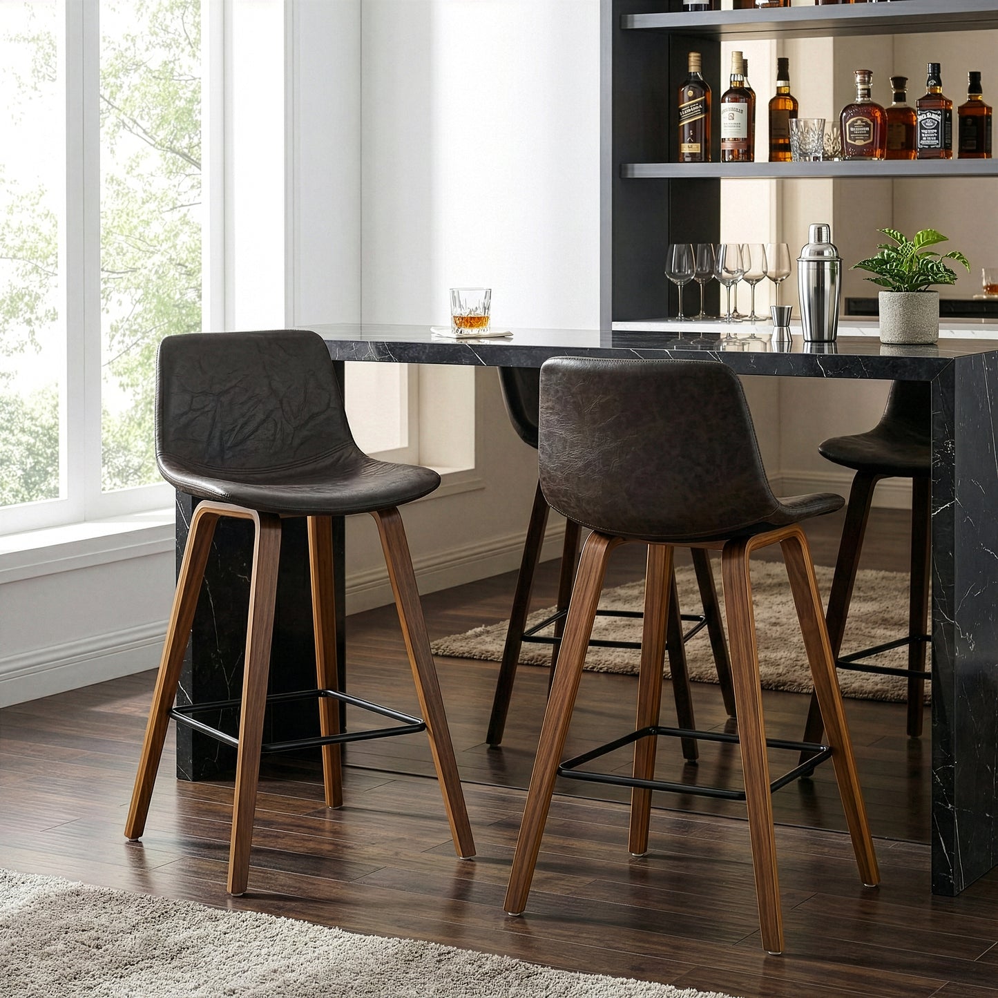 Set of 2 Alyn Modern Brown Barstool with Walnut Finish plywood Legs and Metal Footrest