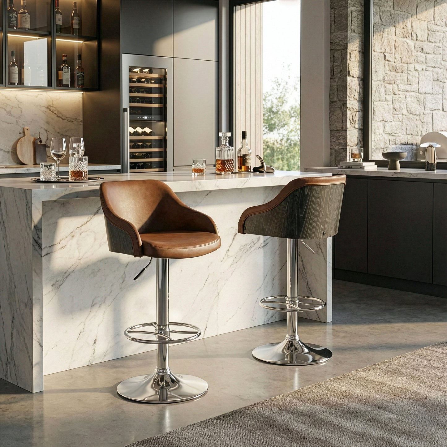 Amada Brown Upholstered Adjustable Height Barstool with Grey Plywood Back