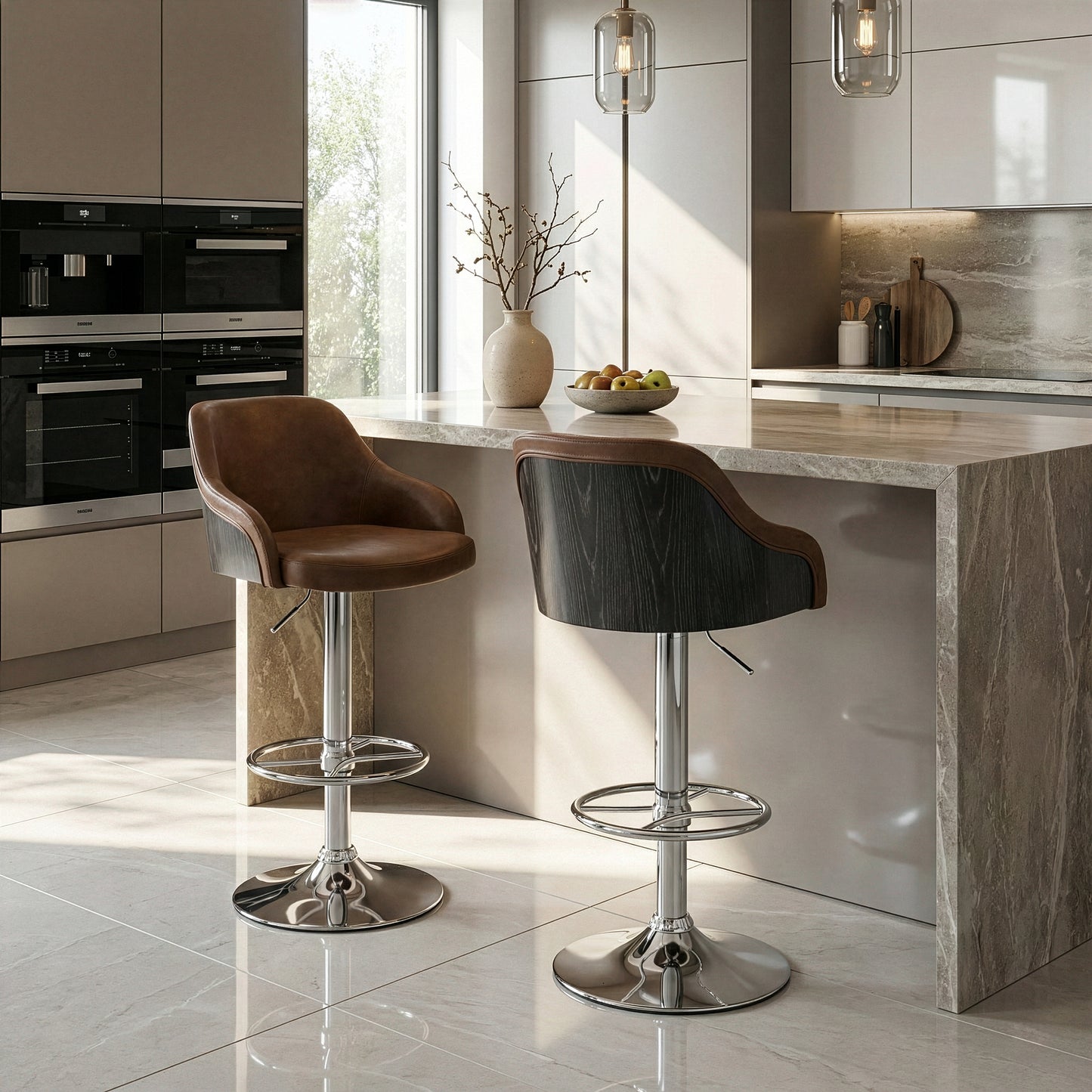 Amada Brown Upholstered Adjustable Height Barstool with Grey Plywood Back