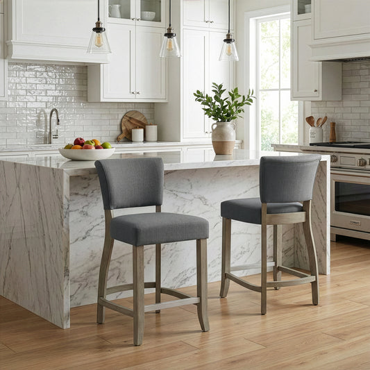 Set of 2 Aleck Grey Fabric Counter Stool with Antique Finish Wood Legs