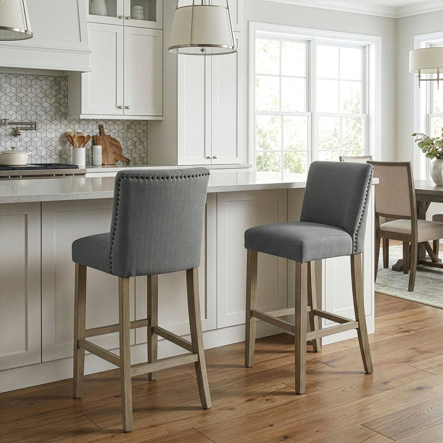 Set of 2 Aleco Grey Fabric Bar Stool with Metal Nail Head Accents