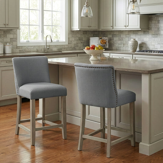 Set of 2 Aleco Grey Fabric Counter Stool with Metal Nail Head Accents